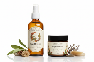 Bug OFF! Spray in a amber bottle with white sprayer and Lotion in a amber jar with black lid. Both with Desert Moon Botanicals labels